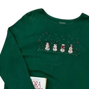 Classic Elements Size XL Snowmen Applique Green Shirt Cotton WITH FLAWS